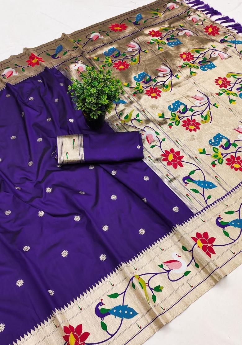 Violet Zari Work Banarasi Saree Set - Indya