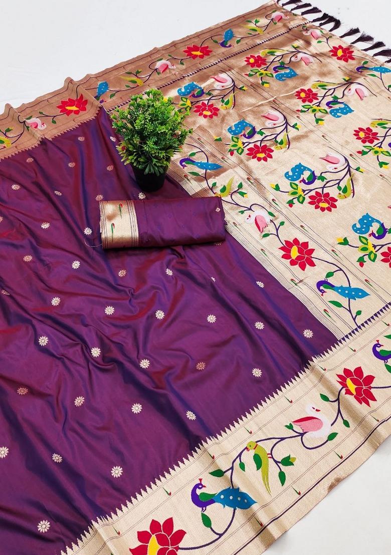 Wine Zari Work Banarasi Saree Set - Indya