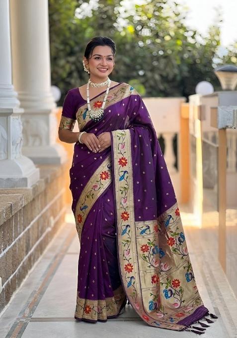 Wine Zari Work Banarasi Saree Set