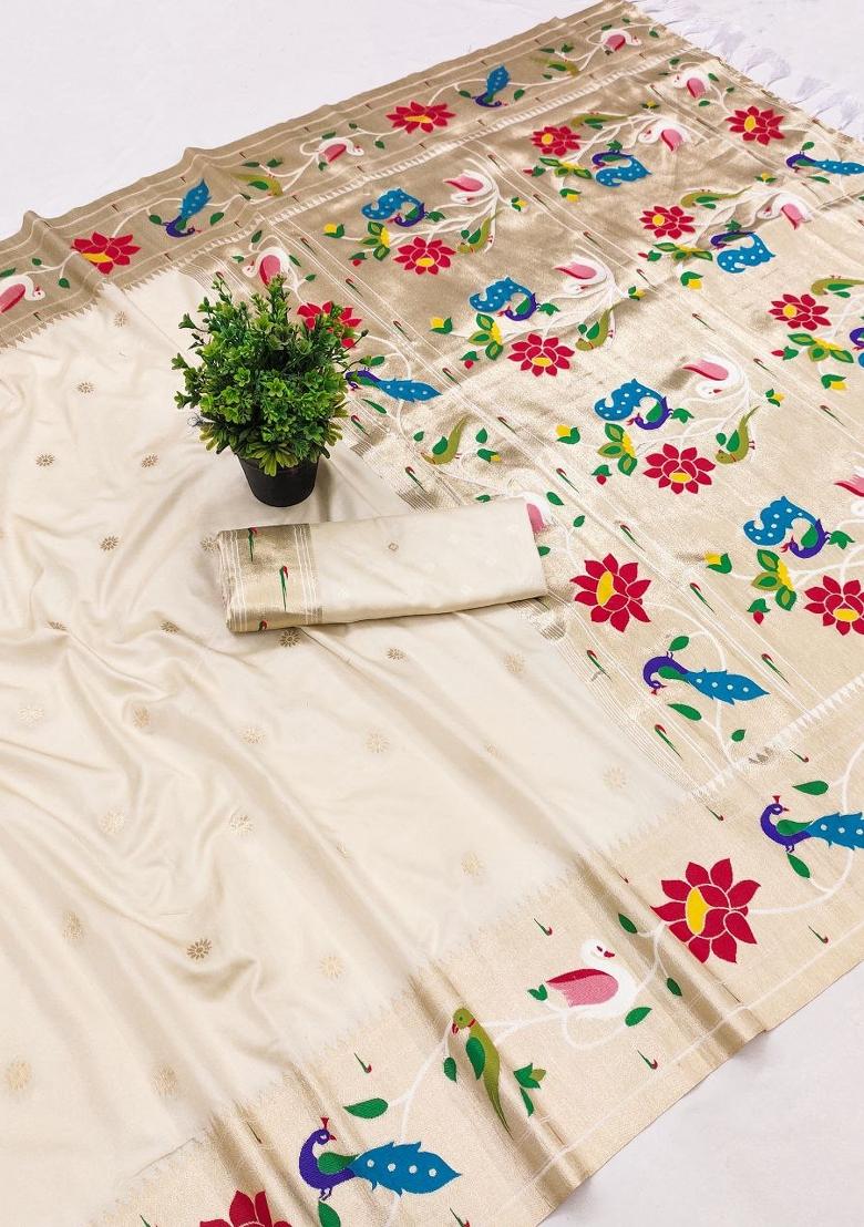 White Zari Work Banarasi Saree Set - Indya