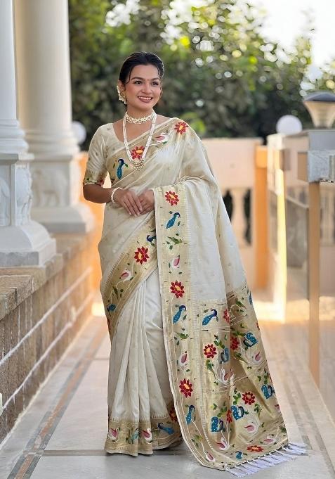 White Zari Work Banarasi Saree Set