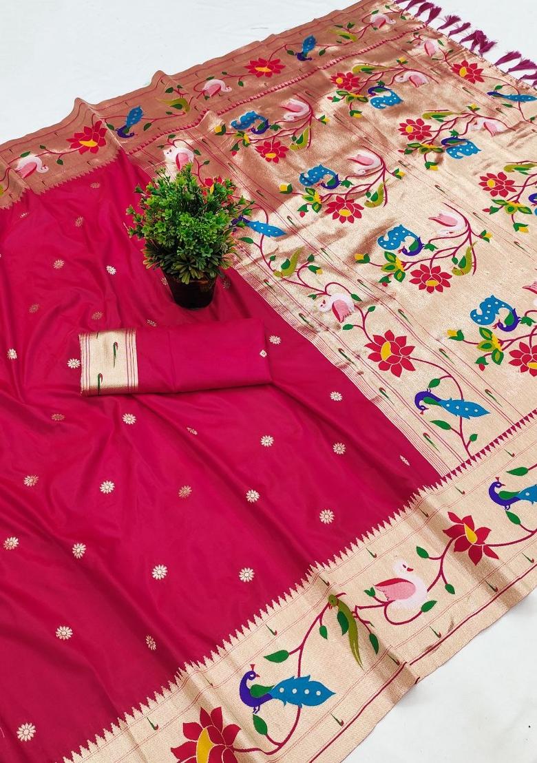 Pink Zari Work Banarasi Saree Set - Indya