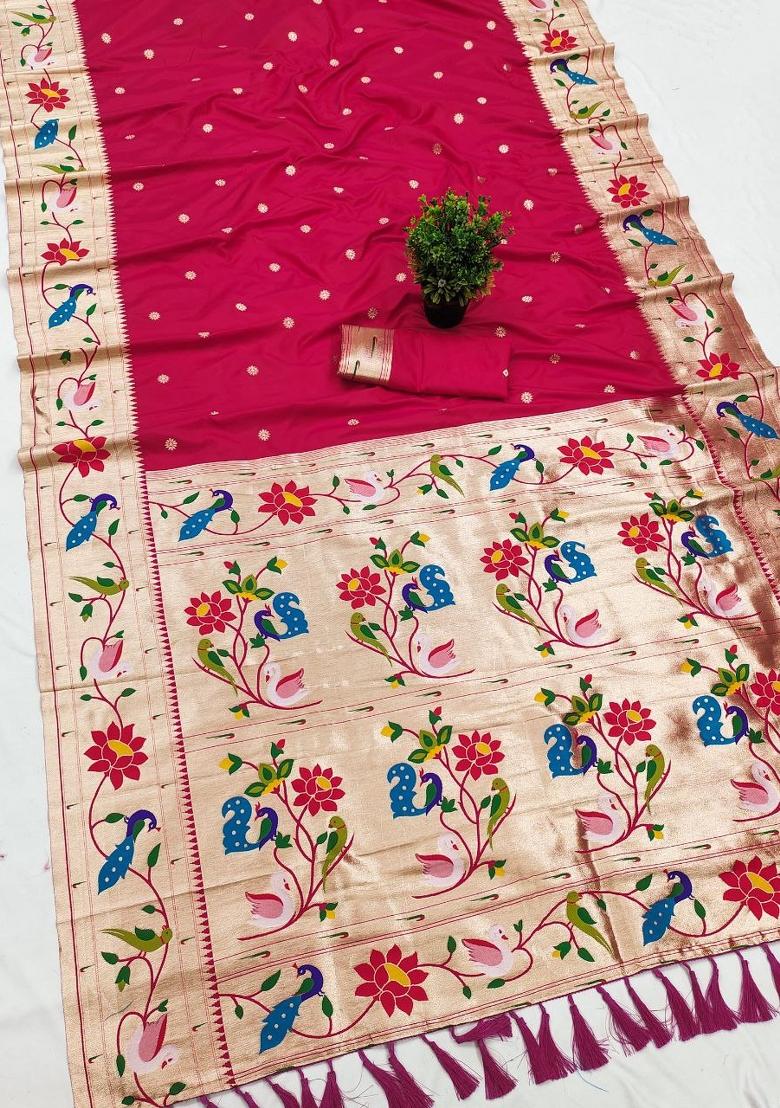 Pink Zari Work Banarasi Saree Set - Indya