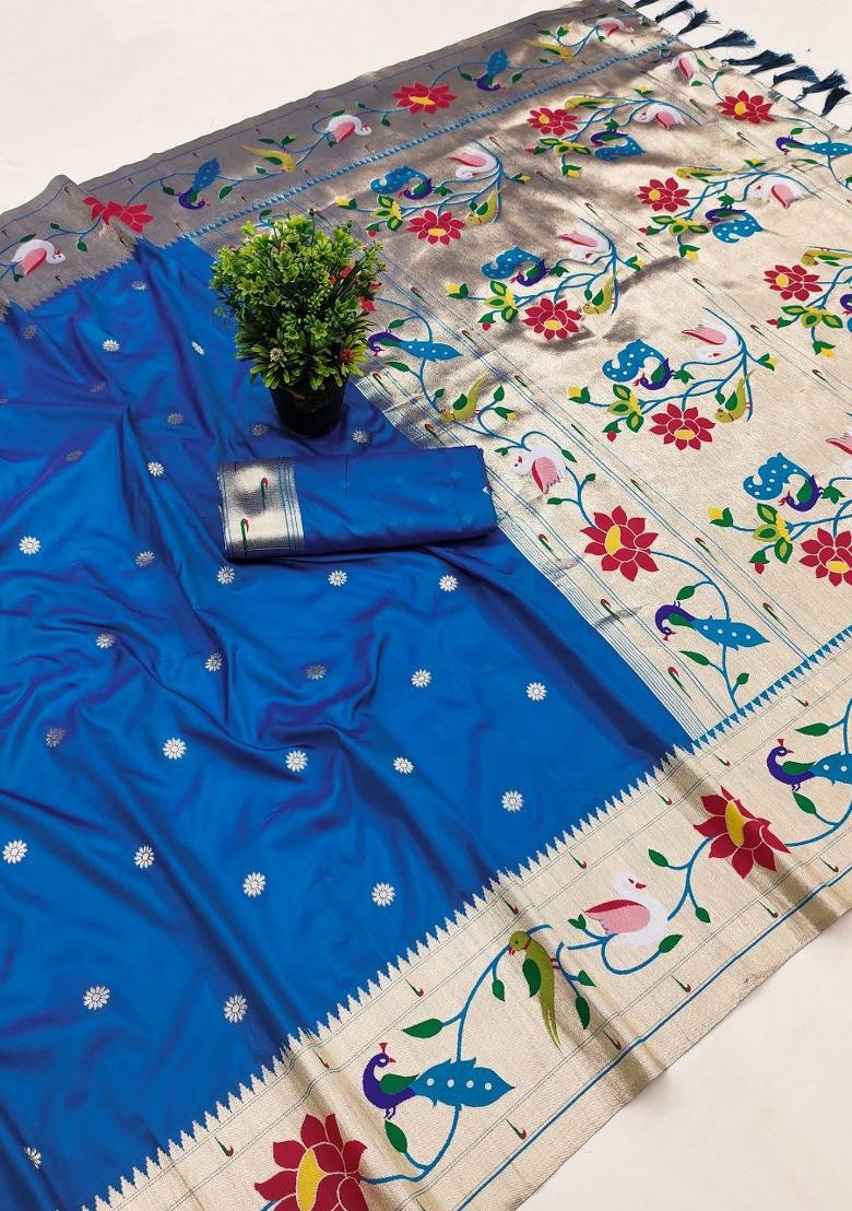 Teal Zari Work Banarasi Saree Set - Indya