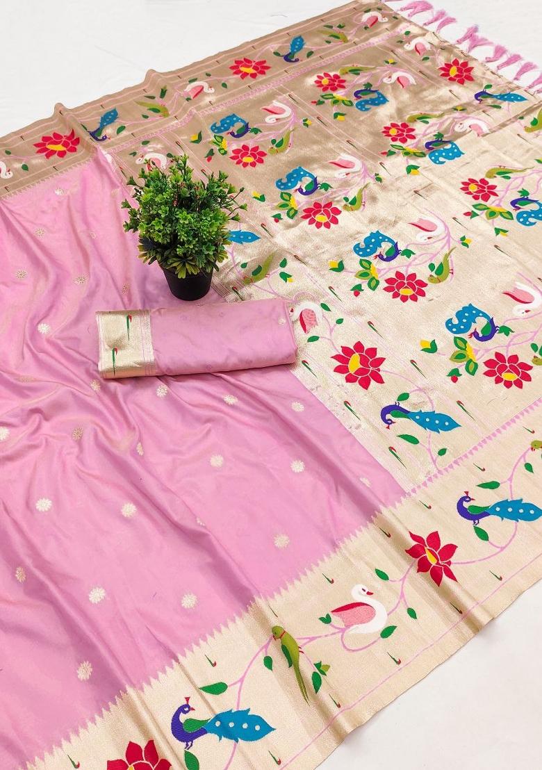 Baby Pink Zari Work Banarasi Saree Set - Indya