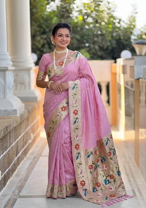 Baby Pink Zari Work Banarasi Saree Set