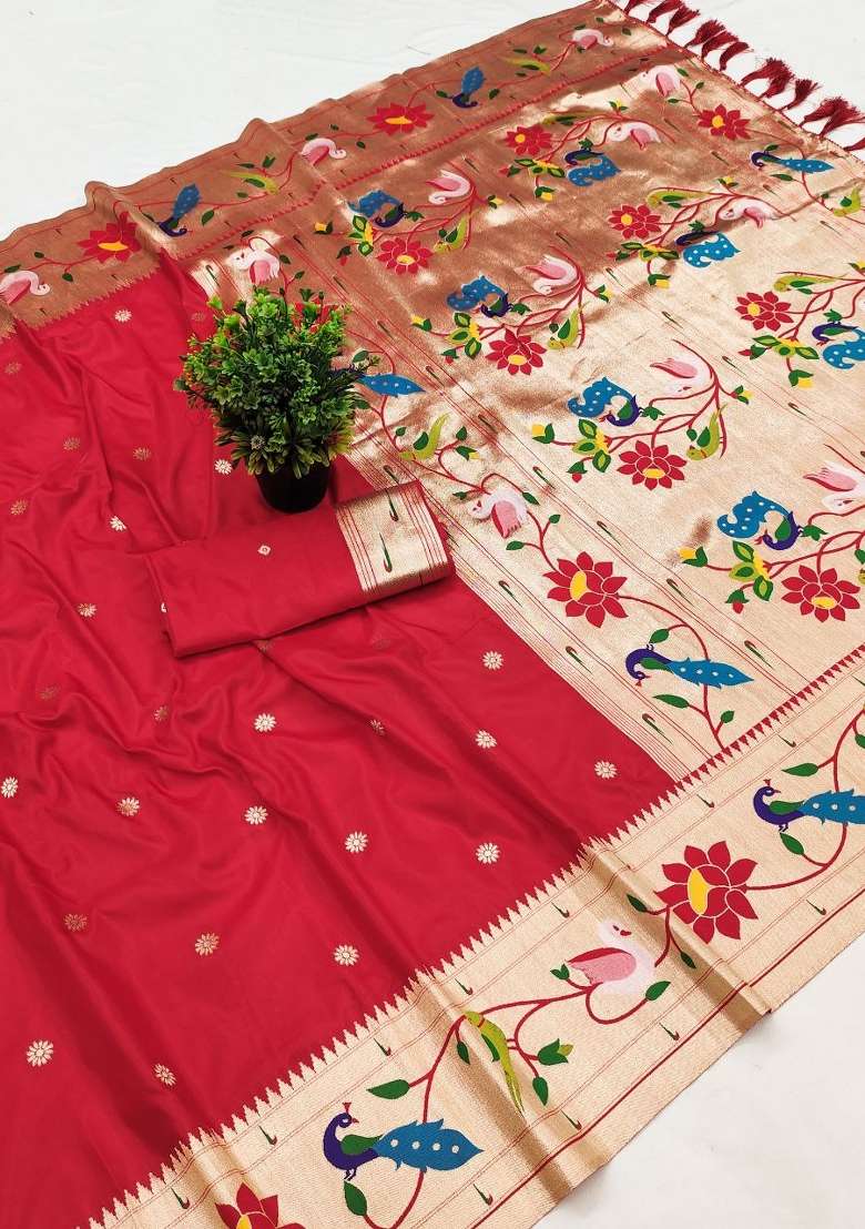 Red Zari Work Banarasi Saree Set for Diwali and Festive Wear - Indya
