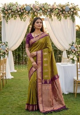 Olive Zari Work Banarasi Saree Set