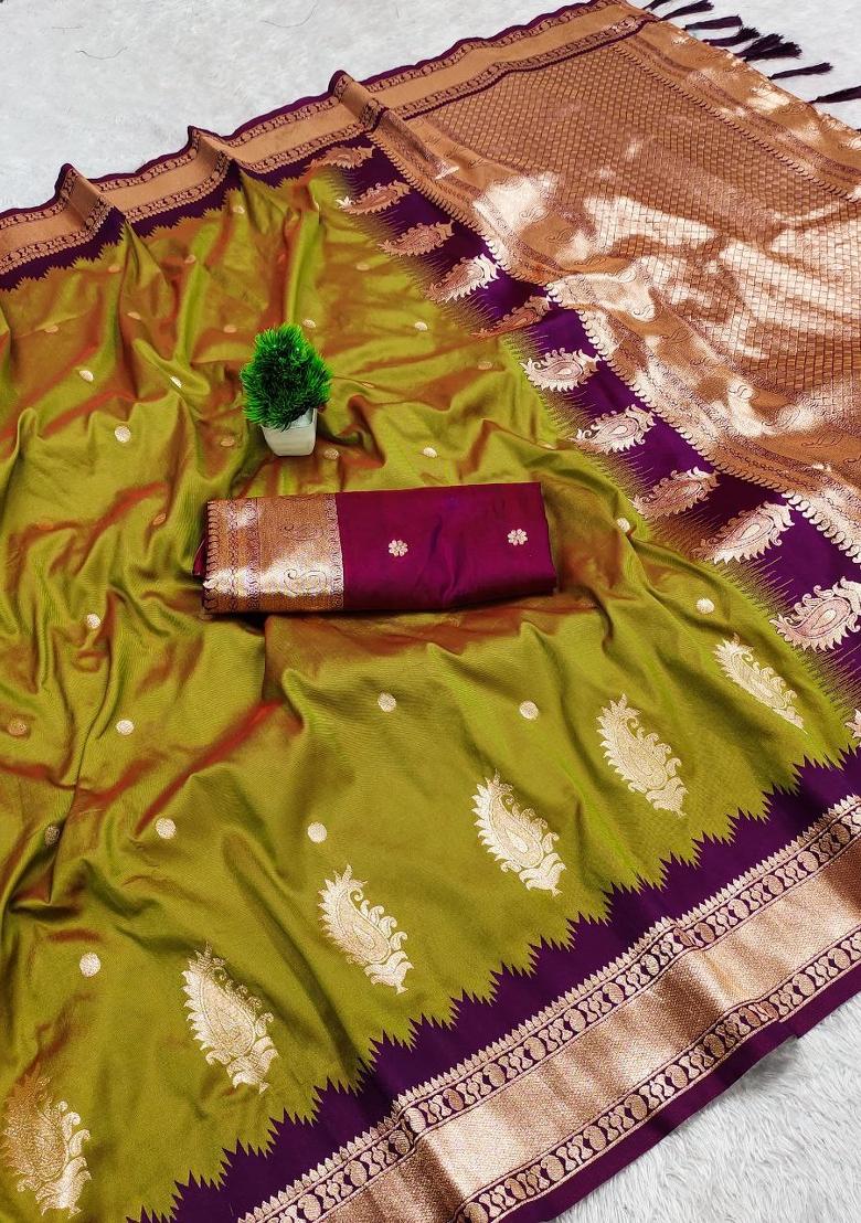 Olive Zari Work Banarasi Saree Set - Indya