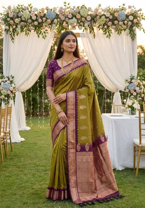 Olive Zari Work Banarasi Saree Set
