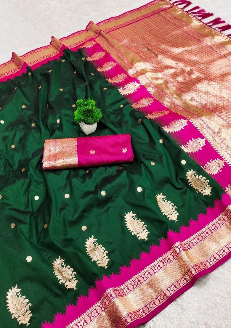 Green Zari Work Banarasi Saree Set - Indya