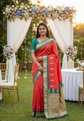 Peach Zari Work Banarasi Saree Set