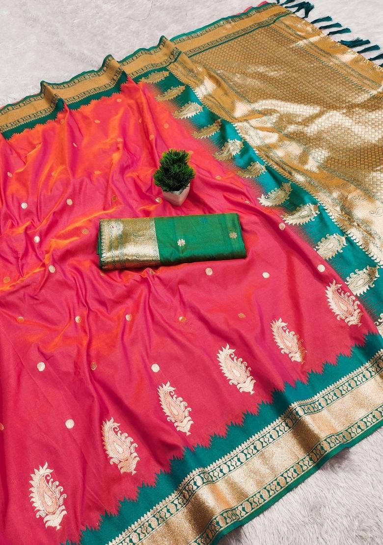 Peach Zari Work Banarasi Saree Set - Indya