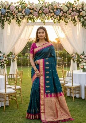 Teal Zari Work Banarasi Saree Set