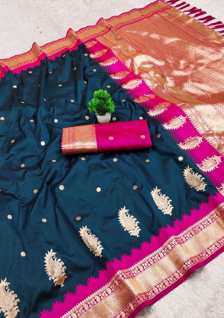 Teal Zari Work Banarasi Saree Set - Indya