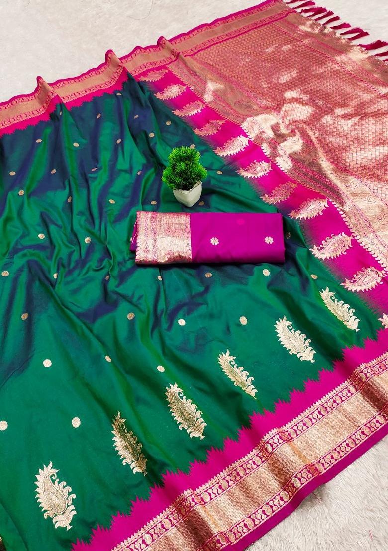 Sea Green Zari Work Banarasi Saree Set - Indya