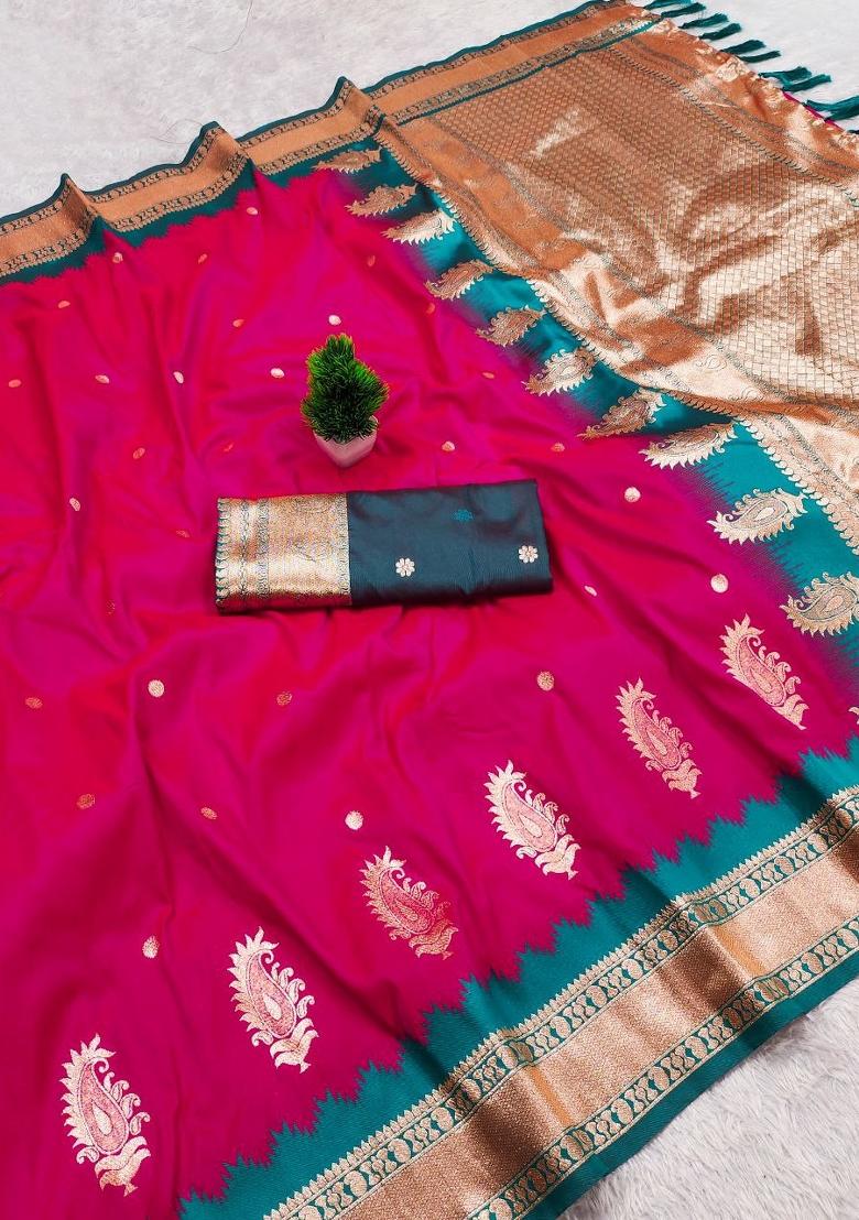 Pink Zari Work Banarasi Saree Set - Indya