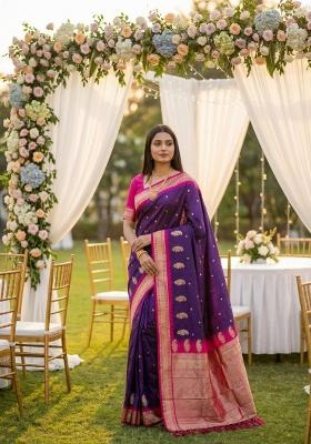 Violet Zari Work Banarasi Saree Set