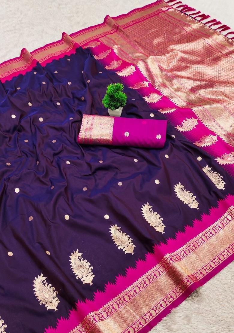 Violet Zari Work Banarasi Saree Set - Indya