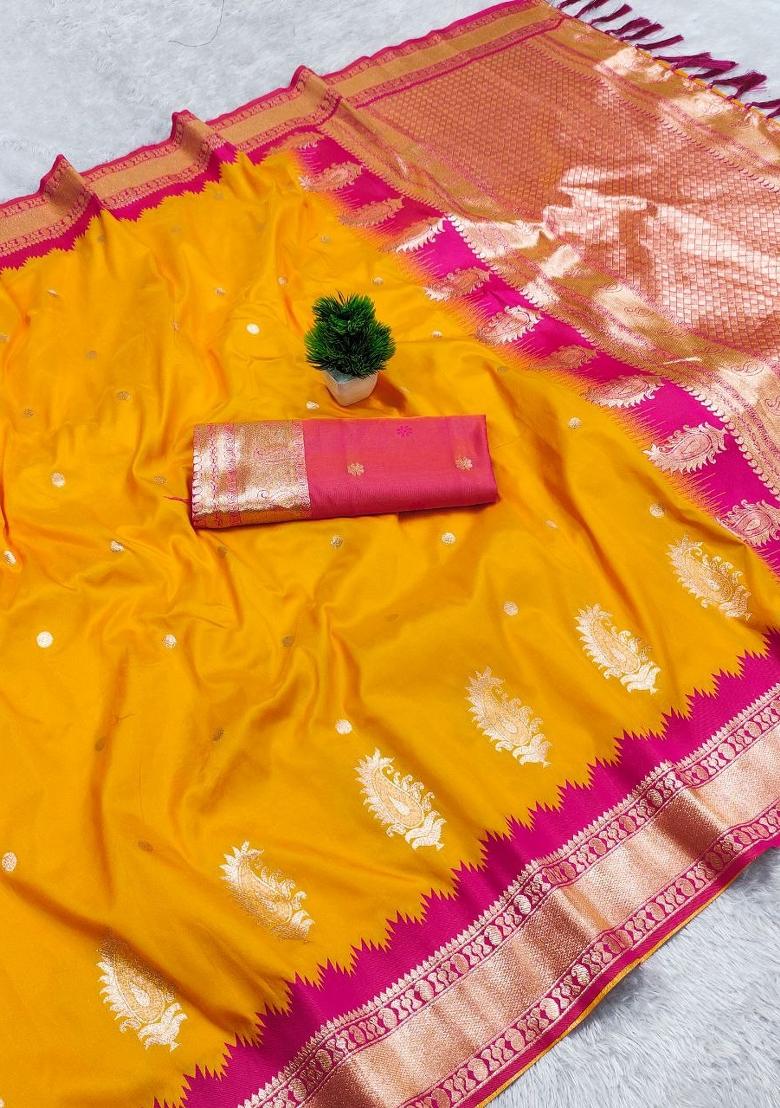 Yellow Zari Work Banarasi Saree Set - Indya