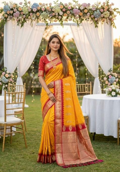 Yellow Zari Work Banarasi Saree Set