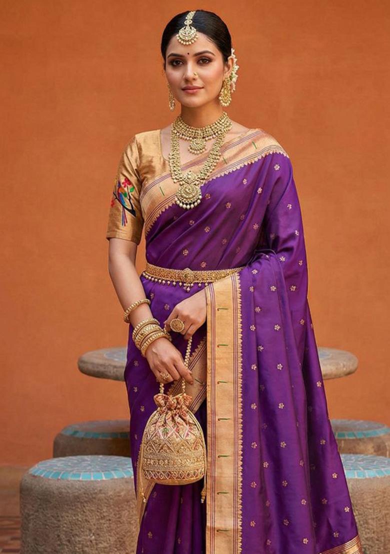 Purple Zari Work Banarasi Saree Set - Indya