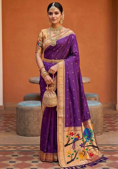 Purple Zari Work Banarasi Saree Set