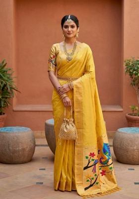 Yellow Zari Work Banarasi Saree Set