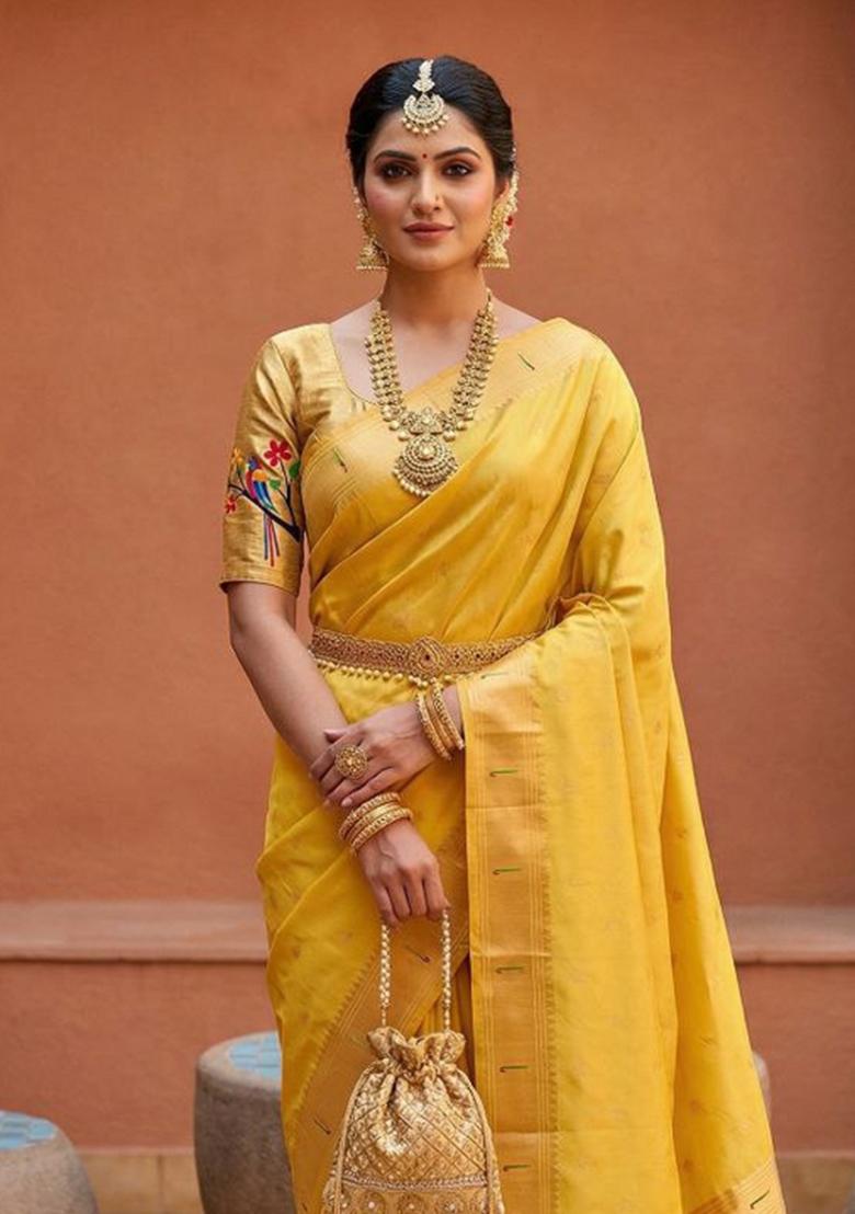 Yellow Zari Work Banarasi Saree Set - Indya