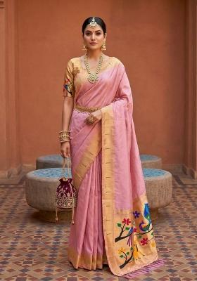Baby Pink Zari Work Banarasi Saree Set