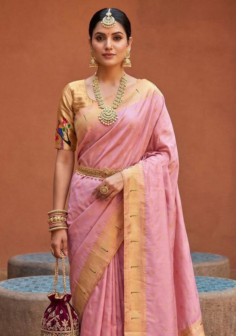Baby Pink Zari Work Banarasi Saree Set - Indya