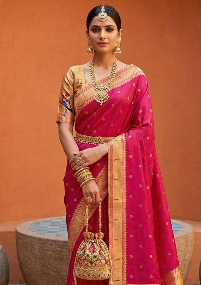 Pink Zari Work Banarasi Saree Set - Indya