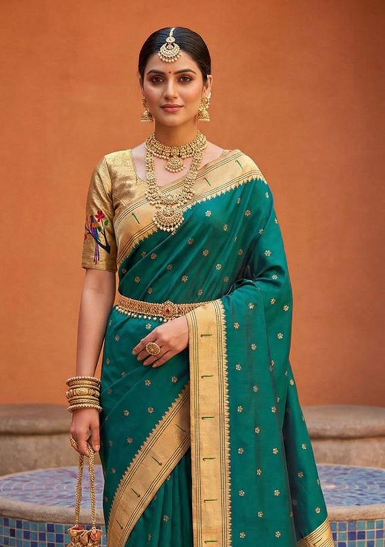 Rama Green Zari Work Banarasi Saree Set - Indya