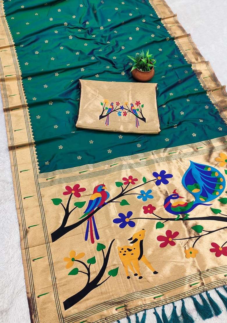 Rama Green Zari Work Banarasi Saree Set for Diwali and Festive Wear - Indya