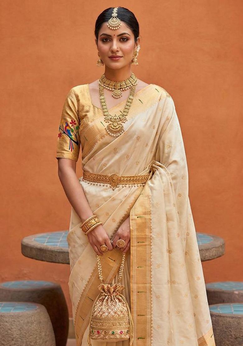 White Zari Work Banarasi Saree Set - Indya