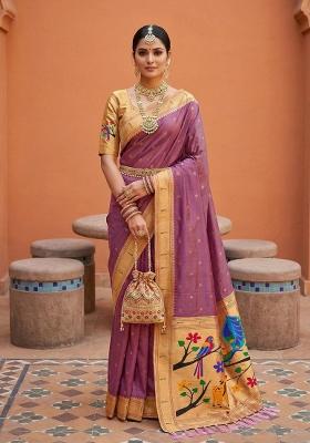 Onion Pink Zari Work Banarasi Saree Set