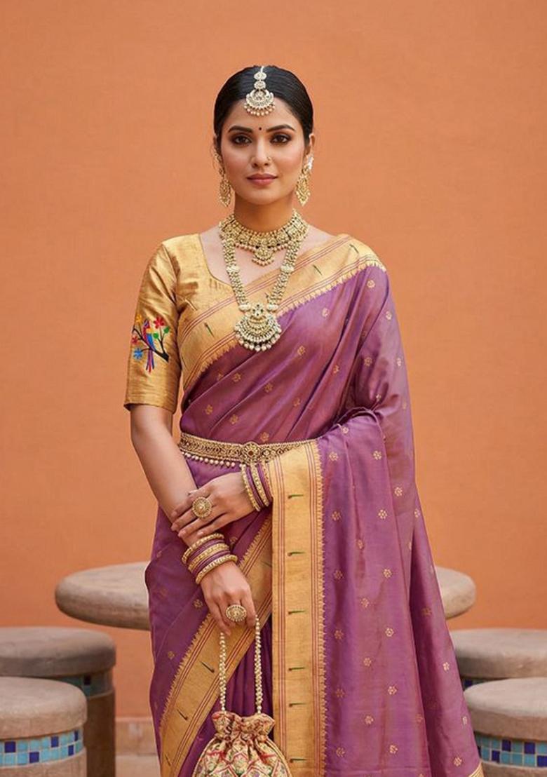 Onion Pink Zari Work Banarasi Saree Set - Indya