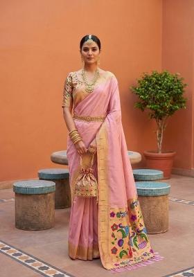 Baby Pink Zari Work Banarasi Saree Set