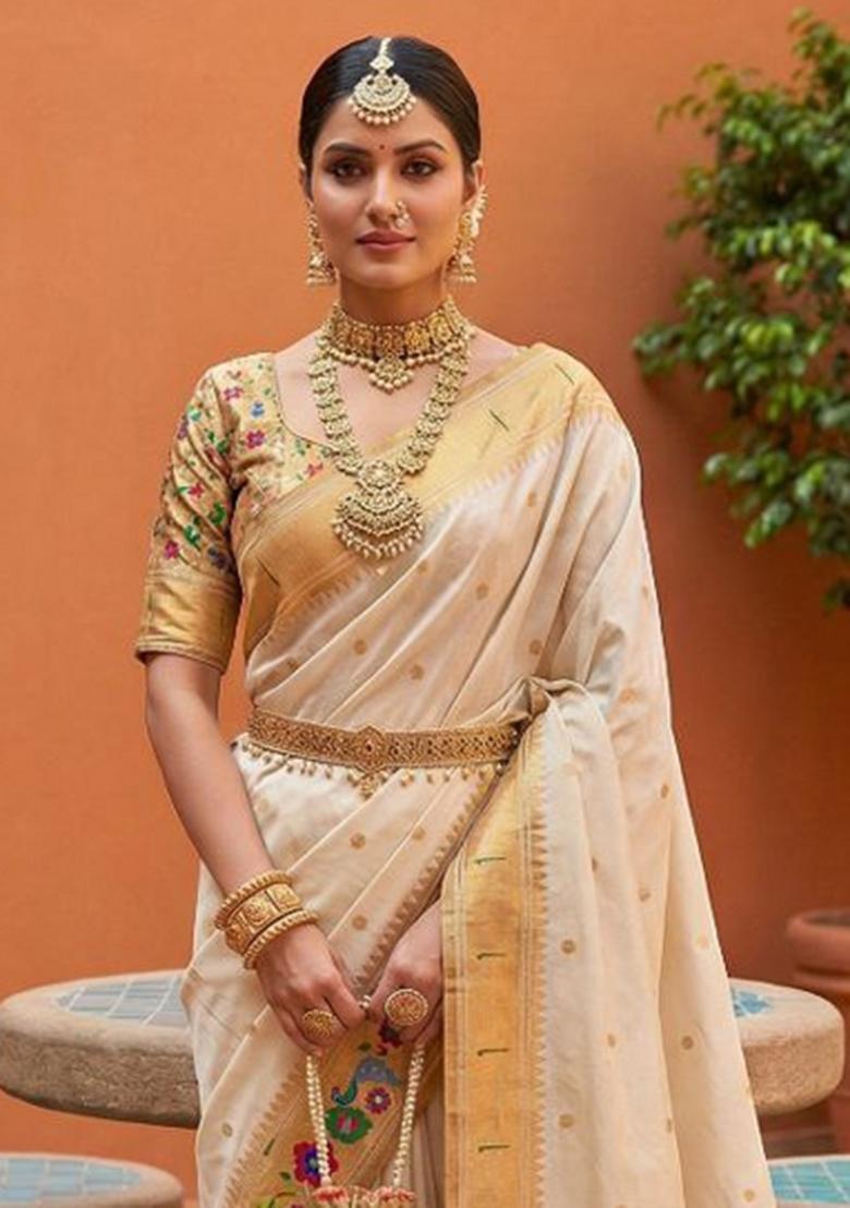 White Zari Work Banarasi Saree Set - Indya