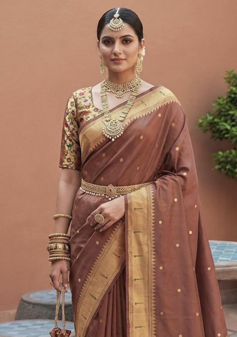Coffee Zari Work Banarasi Saree Set - Indya