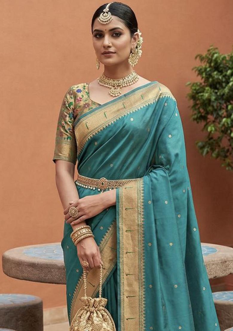 Sea Green Zari Work Banarasi Saree Set - Indya
