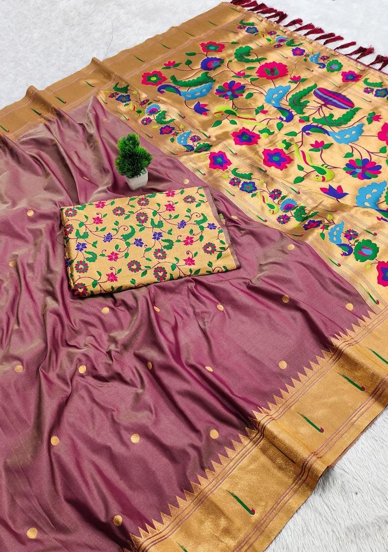 Onion Pink Zari Work Banarasi Saree Set - Indya