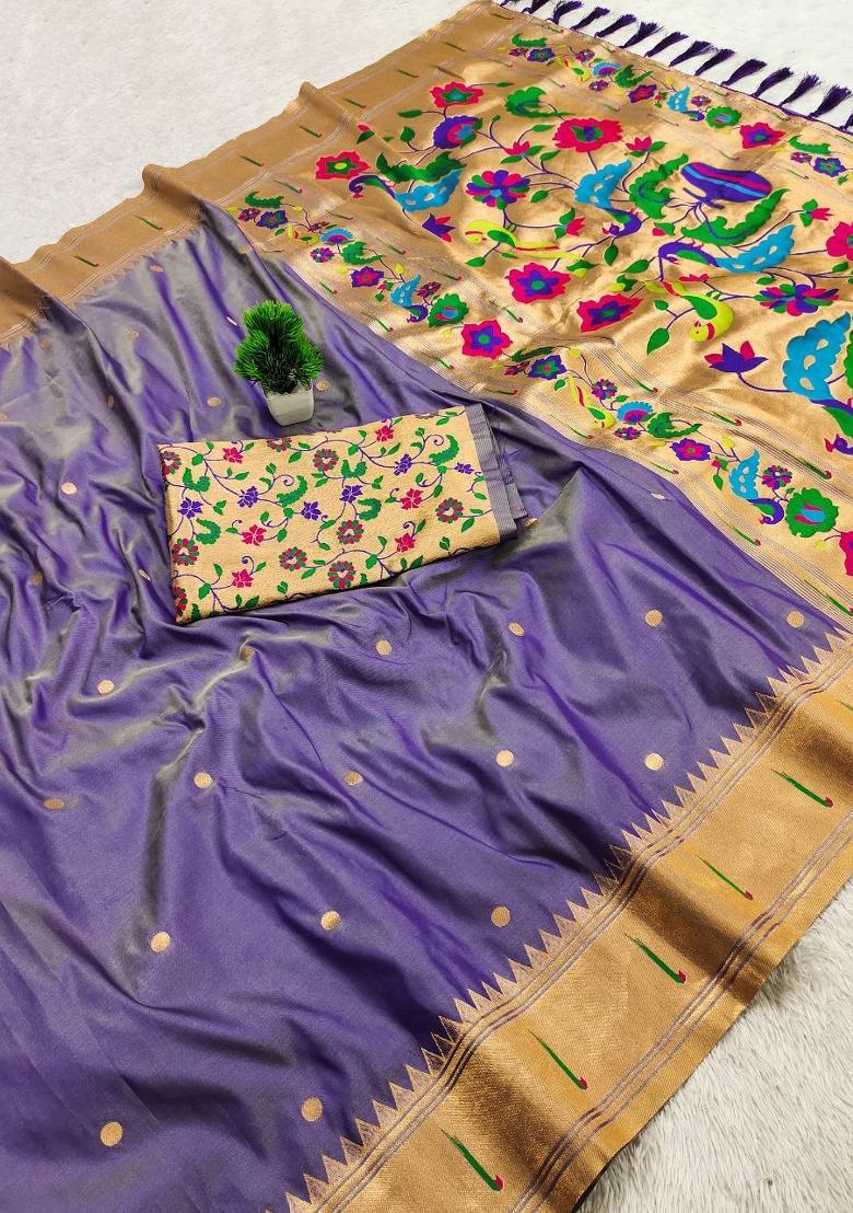 Purple Zari Work Banarasi Saree Set - Indya