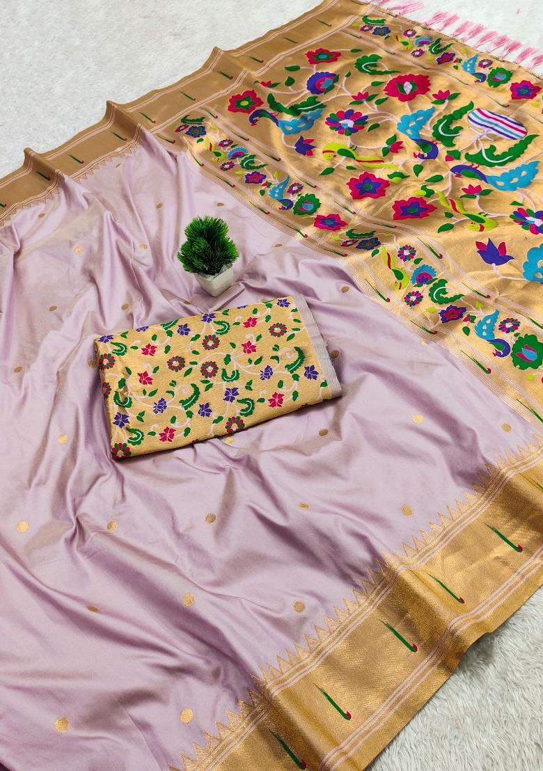 Lavender Zari Work Banarasi Saree Set - Indya