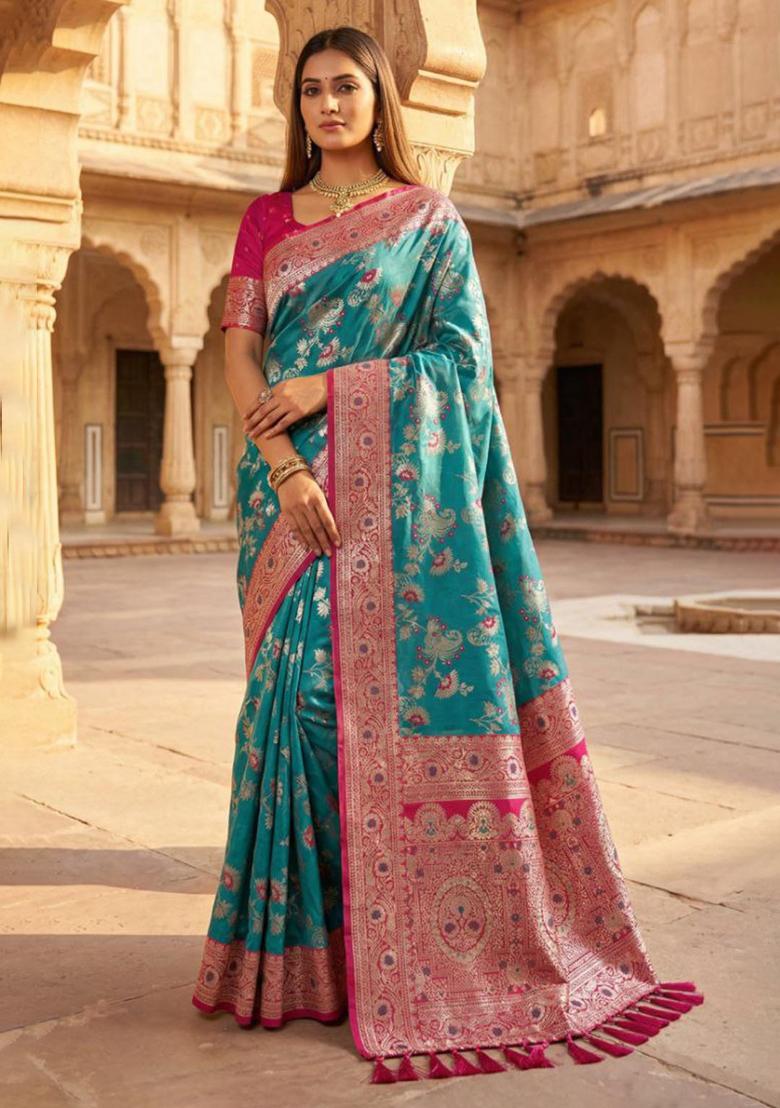 Sea Green Zari Work Banarasi Saree Set - Indya