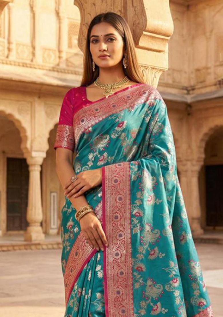Sea Green Zari Work Banarasi Saree Set - Indya