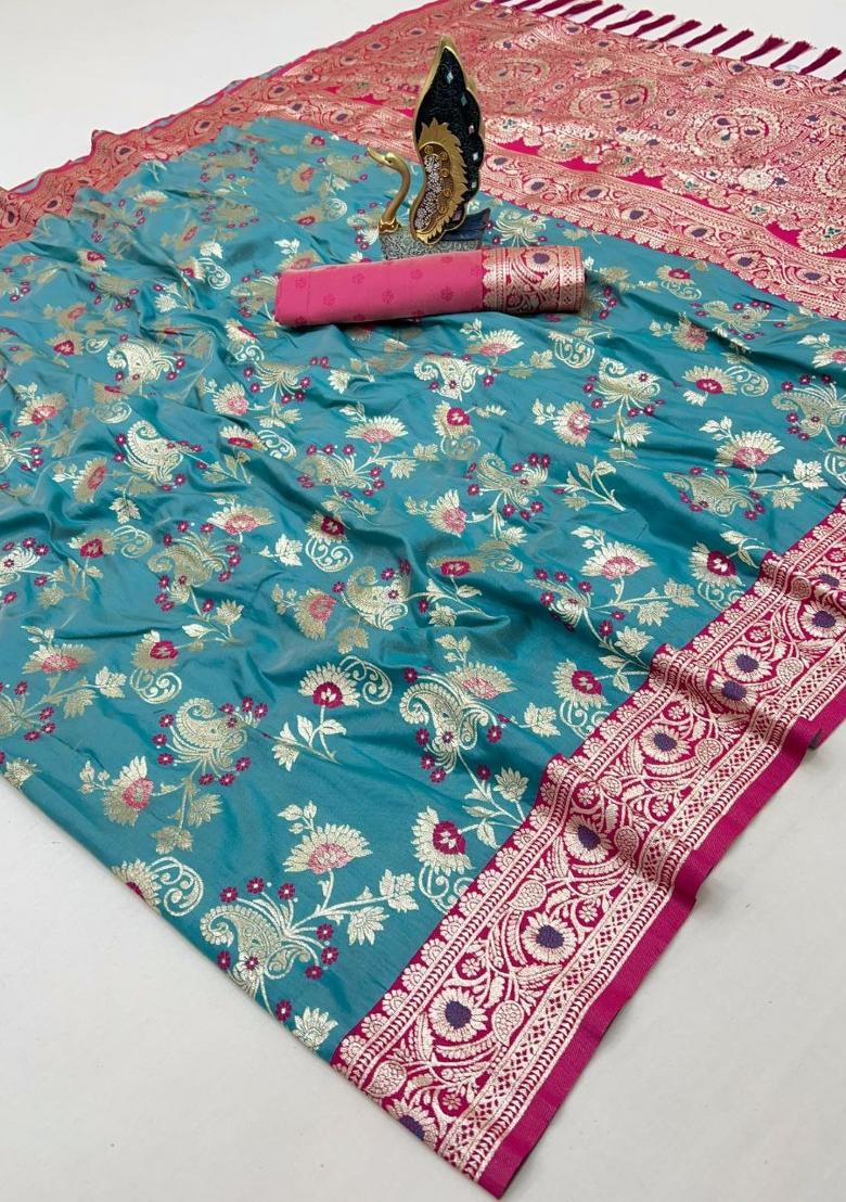 Sea Green Zari Work Banarasi Saree Set - Indya