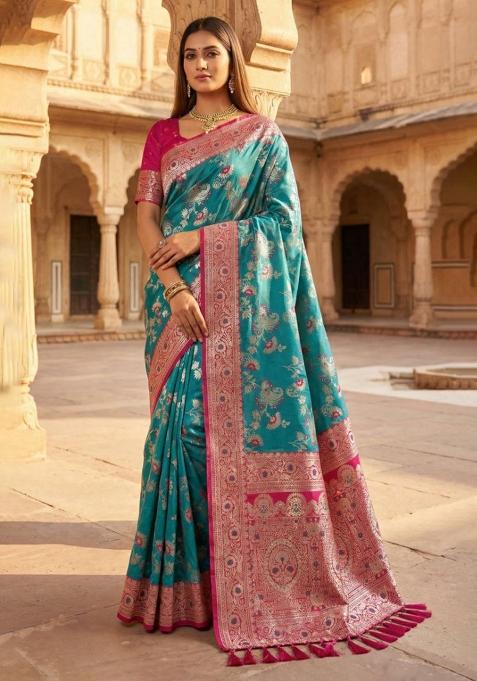 Sea Green Zari Work Banarasi Saree Set