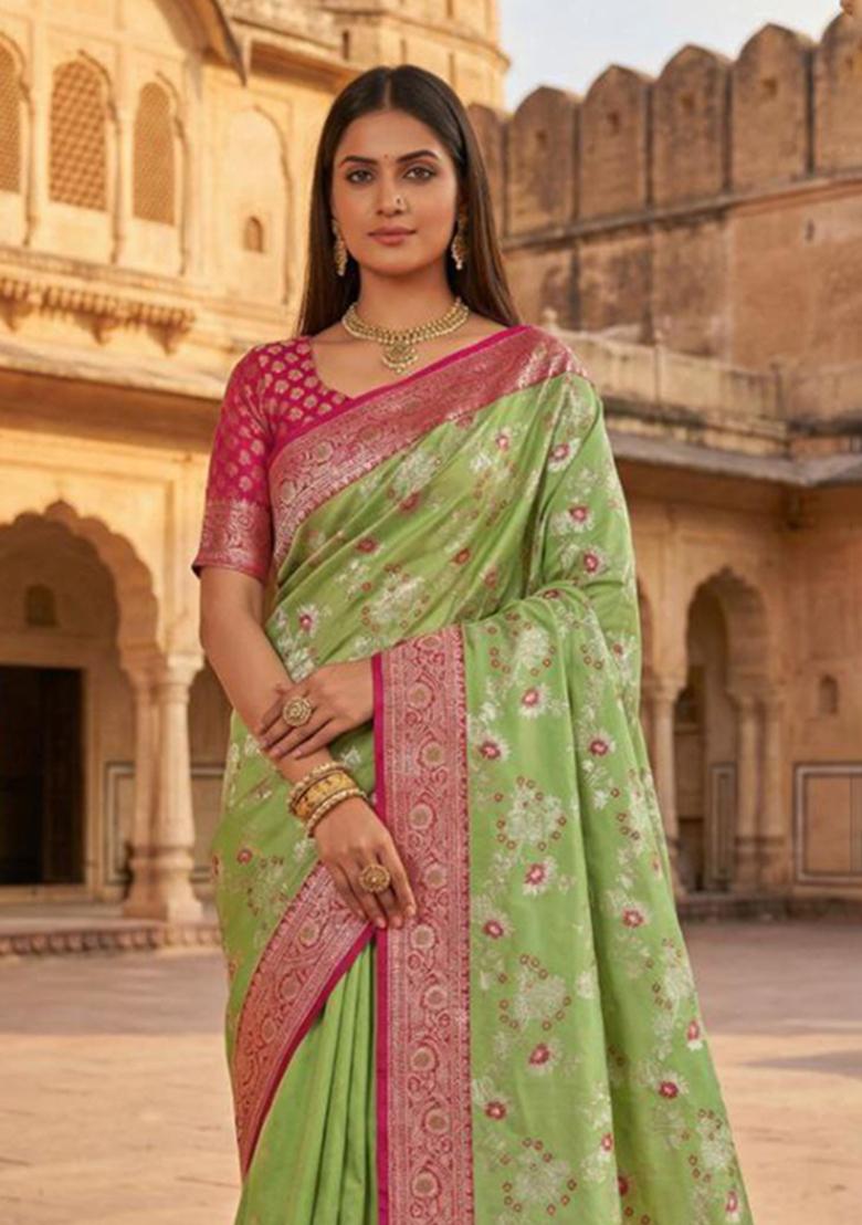 Pink Zari Work Banarasi Saree Set - Indya