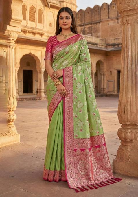 Pink Zari Work Banarasi Saree Set
